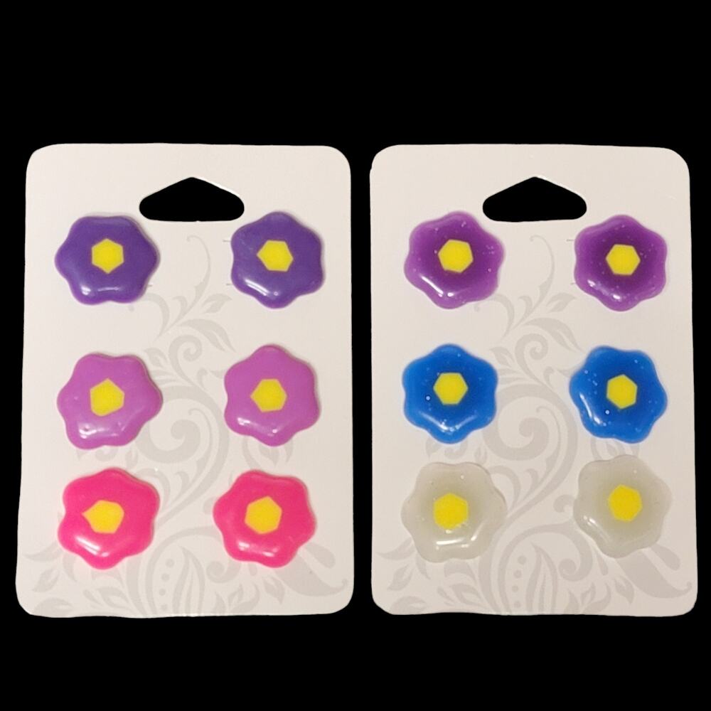 Flower Earrings Lot of 6 Pair‎ Post Handmade 1/2" Purple Pink Blue White Jewelry
